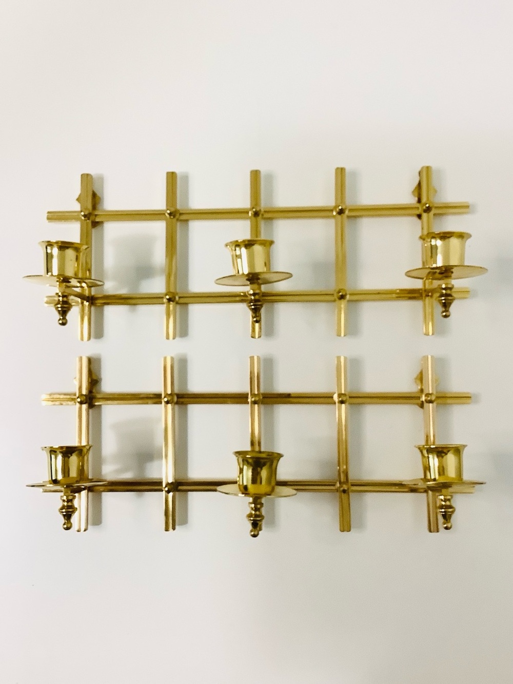 Vintage MCM Ornate Brass Grid Wall Mounted Candle Holder